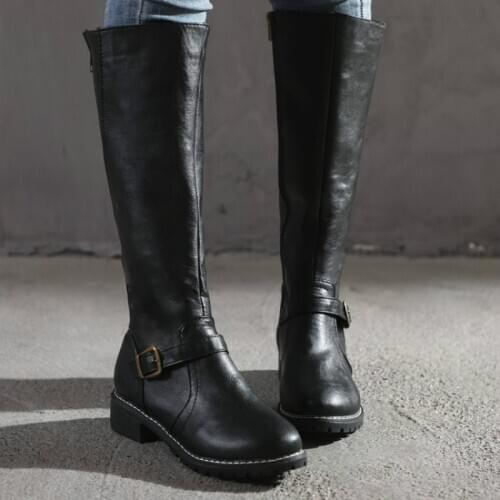 2020 PU Leather Women Long Boots Riding Casual Belt Buckle Zipper Autumn Winter Knee High Loose Boots Botas Mujer Footwear