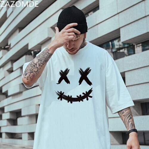 ZAZOMDE Hip Hop Men Oversized M~5XL t shirt Summer graphic t shirt Smiley T-Shirt Men itself Cotton Couple Tee Black White