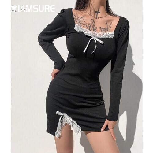 IAMSURE Slim Lace Square Collar Mini Dress With Slit 2021 Fashion Elegant Lady Long Sleeve Cotton Dresses Casual Streetwear 90S