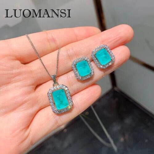 Luomansi S925 Sterling Silver Jewelry Set 8*10 Paraiba Tourmaline Stud Earrings Pendant Necklace Woman Party Wedding Accessories