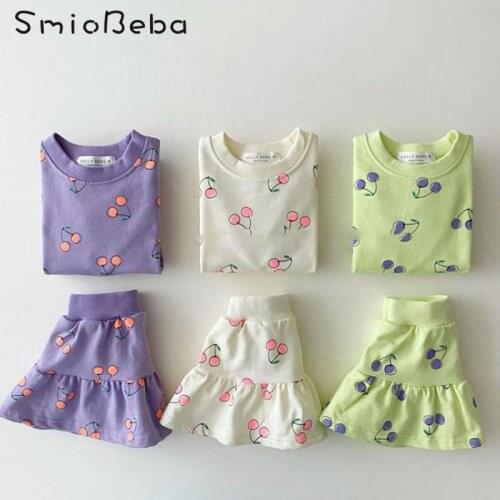 Korean Summer Baby Girls Cheery Print Two Pieces Sets Clothing Short Sleeve Top Shirts +PP Short Skirt Dress Two Piece Suit 1-3Y