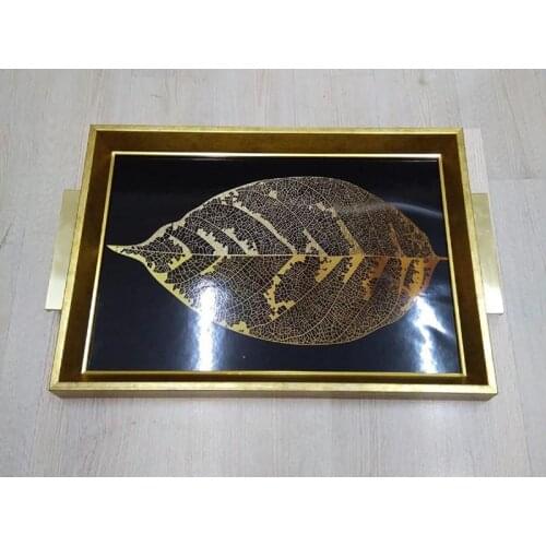 DOLBOVI Zücev 44x31 Rectangle Leaf Pattern Black-Gold Wood tray A10 tray поднос plateau de service