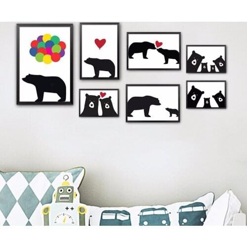 Family Black and White Cartoon Bear Art Painting Home Living Room Childrens Room Decorative Painting canvas art animal poster