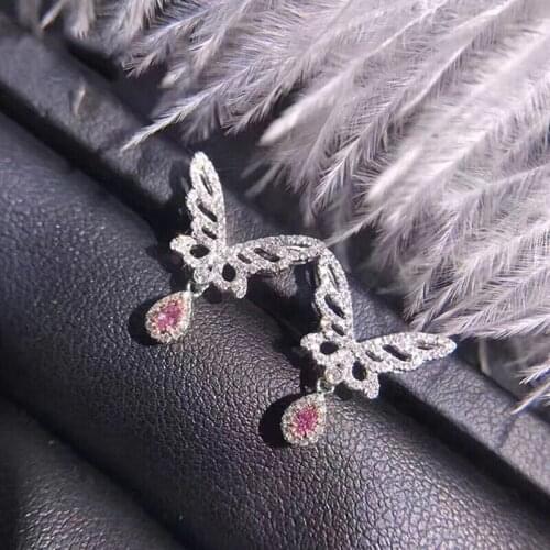 Huitan Crystal Butterfly Earrings with Pink Teardrop CZ Stone Aesthetic Dangle Earrings for Women Wedding Engagement Jewelry New