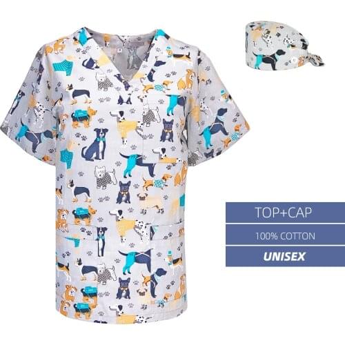 Scrub Top for Women and Men with V neck Anime Cartoon Printing 100% Cotton XXS-XXXXL