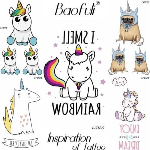 Baofuli Rainbow Unicorn Cartoon Temporary Tattoo Flash Art Tattoos Puppy Waterproof Fake Tatto Childen Body Arm Hand Leg Girl