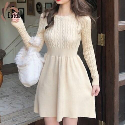 Cotday A-line Spring Autumn Knitted Sweater Women Elegant High Quality Temperament Solid High Waist Vestidos Korean Mini Dress