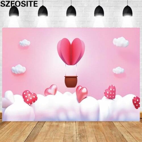 Pink Girl Birthday Party Photography Background Heart Shaped Balloons Chocolate White Clouds Backdrop Studio Photo Vinyl Banner