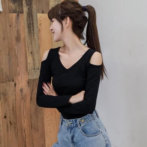 2020 Summer Sexy Off Shoulder Tops Basic High Quality V-Neck T Shirt Long Sleeve Women Tshirt Black white Cotton Laides Top