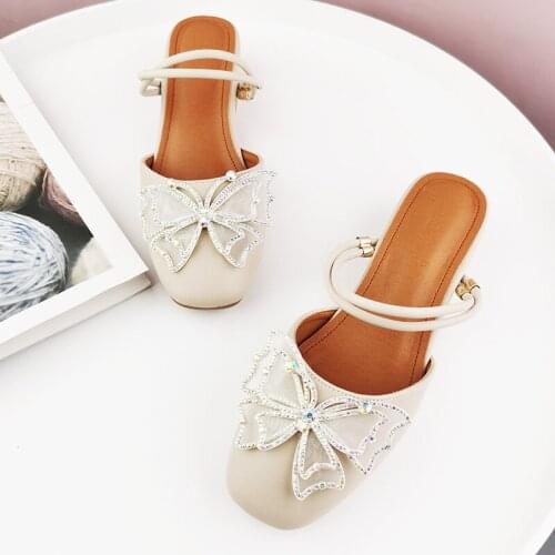 Baotou Rhinestone Square Toe Ladies High Heel Slippers Summer Fashion Hot Sale Handmade Large Size Womens Shoes 34-41 Exquisite
