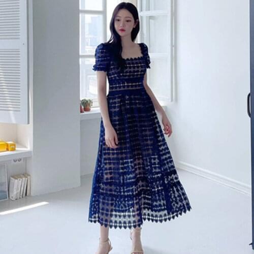 New Sexy Hollow Out Summer Long Dresses Womens A-Line Slim Party Dress Korean Simple Hook Flower Elegant Lace Vestidos