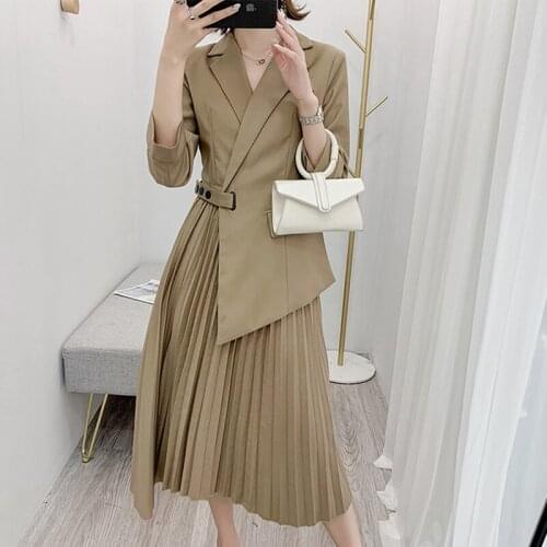 2020 Women Autumn Elegant Office Lady Long Blazer Dress Slim Waist Bandage Pleated Dresses Irregular Cut Out