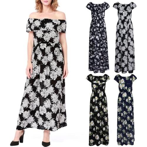Womens Summer Off Shoulder Strapless Floral Print Maxi Long Dress