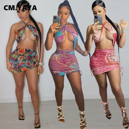 CM.YAYA Women Dress Print Sleeveless Halter Chest Hollow Out Sheath Elastic Midi Dresses Sexy Night Club Bar Dress Summer Outfit