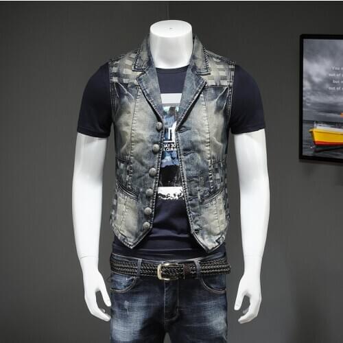 Men Slim Vintage Style Biker Motorcycle Denim Vest Single Breasted Turn Down Collar Embroidery Plaid Suit Vests High Quality