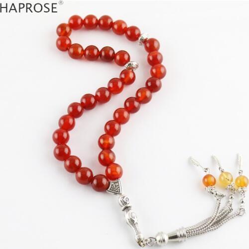 100% Natural agate Islamic Tasbih Allah Rosary Muslim bracelets 33 beads 6-10mm red agate stone tesbih Bracelet free shipping