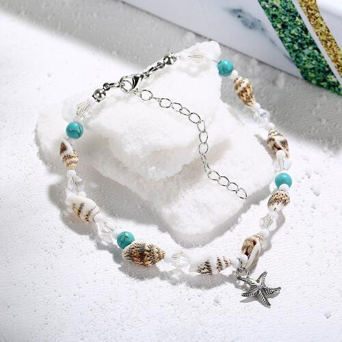 12 pieces/lot Starfish Natural Shell Anklet Beach Jewelry Beads Charm Antique Silver Color Foot Chain Conch Ankle Bracelet Women