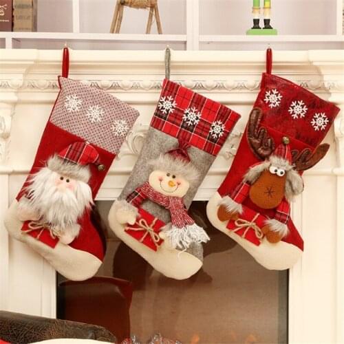 2022 Christmas Stockings Socks Fireplace Hanging Stockings Plush Gift Candy Bag Home Party Decoration Snowman Santa Elk Bear