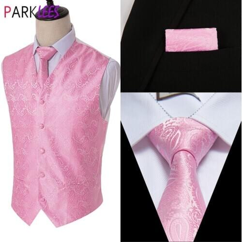 3pcs Paisley Jacquard Pink Vest Set (Necktie+Pocket Square +Waistcoat) Slim Fit Party Wedding Formal Suit Vests Chaleco Hombre