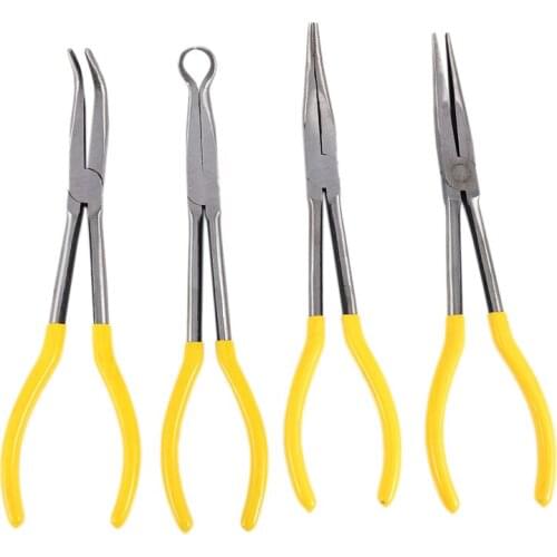 4Pcs 11 Inch Extra Long Nose Pliers Set Straight Bent Tip Mechanic Equipment Hand Tools