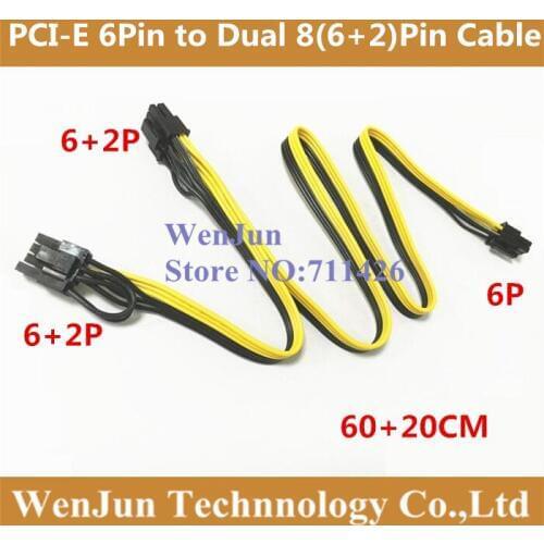 50pcs PCI-E PCIe PCI Express 6Pin male to Dual Double 2-Port 8Pin ( 6+2Pin ) Male Adapter GPU Video Card Power Cable 18AWG