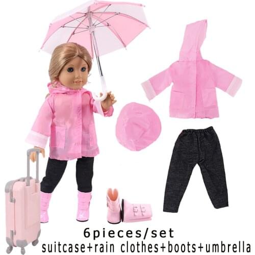 6/4 Pcs/Set Raincoat+High-Top Boots+Umbrella+Suitcase Fit 18Inch American &43Cm Zaps Baby Doll Clothes Accessories Girls Toys