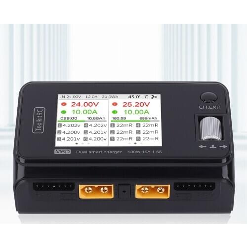 In Stock ToolkitRC M6D 15Ax2 DC Dual-channel Mini Charger Discharger for Output 1-6s Lipo LiHV Lion NiMh Pb Cell Checker Tester