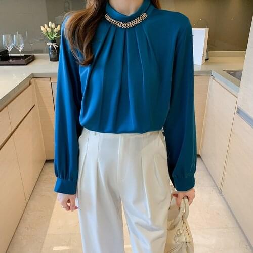 Elegant Solid Pleated Chain Stand Satin Women Blouse 2021 Autumn Korean Office Ladies Lantern Sleeve Shirt Female Top Blusas