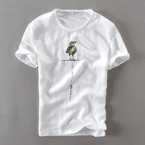 Summer O-neck white t-shirt men flax bird printed embroidery men t shirt casual brand mens tshirt cotton fashion t shirts camisa