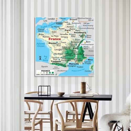 150*150cm The France Orographic Map Vinyl Print Non-woven Canvas Painting Large Wall Poster Home Decoration School Supplies