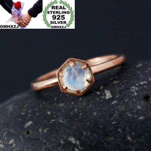 OMHXZJ Wholesale European Fashion Woman Girl Party Wedding Gift Moonstone 925 Sterling Silver 18KT Rose Yellow Gold Ring RR385