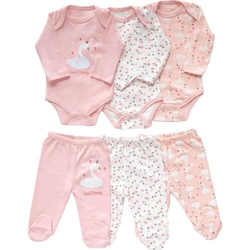 New Born Essentials 100% Cotton Baby Girl Pink Swan Pattern 3 Sets 6 Pieces Snap Snap Set 0-9 Months Free Shipping Turkey