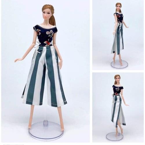 Floral Fashion Clothes Set For Barbie Doll Outfits Black Flower Vest T-shirt Top & Striped Pants Trousers 1/6 Doll Accessories