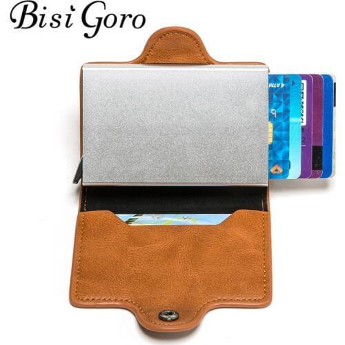 BISI GORO Mini Purse Male Aluminium Rfid Card Wallet Double Boxes Card Holder Blocking Anti-theft Smart Card Case PU Leather