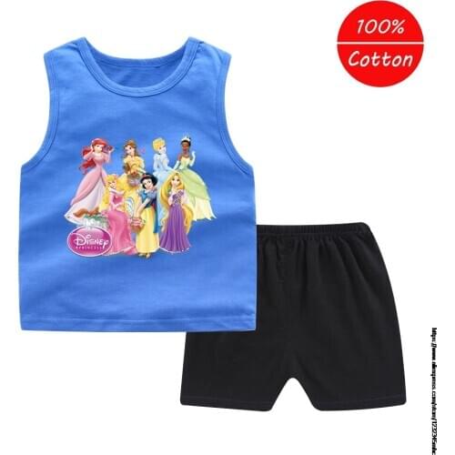 Disney Princess Summer Girls Clothing Sets Kids Clothing Baby Fashion Cartoon Vest T-Shirts Shorts Toddler Cotton Sportswear