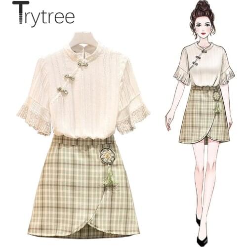 Trytree Summer Women Two Piece Set Casual Vintage Chinese Style Shirt + Shorts Skirt Plaid Tassel Embroidery Pendant 2 Piece Set