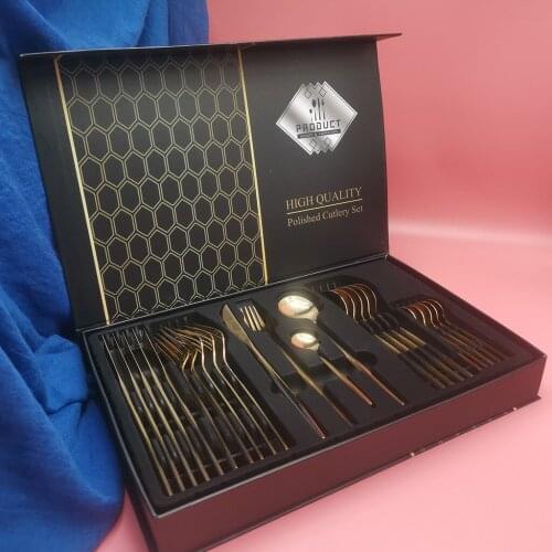 Hot sale 24pcs Golden gift box Portuguese style stainless steel table knife fork Spoon tableware set dinnerware kitchenware