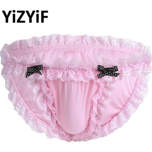 Men Lingerie Sissy Panties Gay underwear Sexy Maid Floral Lace with Two Stitched Bowknot Soft Bikini Briefs Underwear Underpants