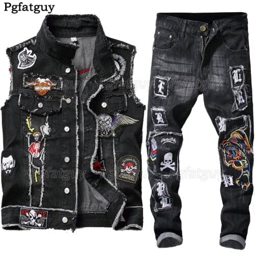 2020 New Fashion Biker Jeans Sets Mens Washed Black Embroidery Skull Eagle Denim Vest + Embroidered Tiger Skull Stretch Jeans