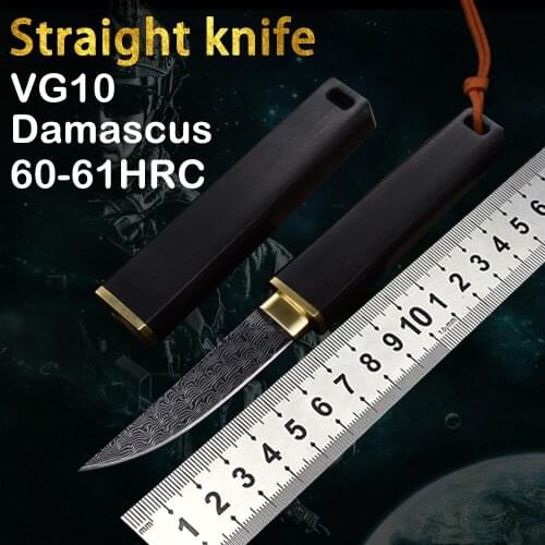 The New Vg10 Damascus Steel Straight Knife Window Breaker Outdoor Rescue Camping Hunting Survival Tactical Utility Tool Edc