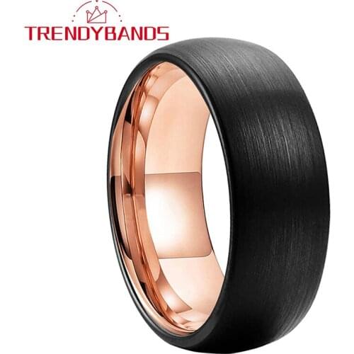 8MM Domed Rose Gold Black Tungsten Engagement Rings Wedding Band For Men Women Top Brushed Finish Comfort Fit