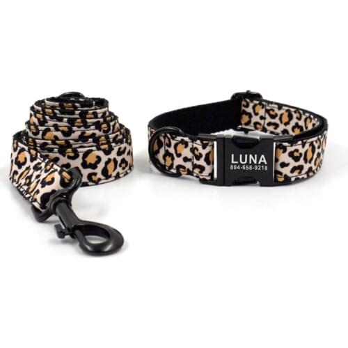 Personalized Dog Collar Custom Puppy Nameplate ID Tag Adjustable Black Buckle Leopard Print Basic Pet Collars Lead Leash Set