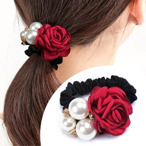 2021 New Women Hair Ties Rose Flower Pearls Elastic Hair Bands Ponytail Holder Hairbands Headband Fashion Hair Accessories