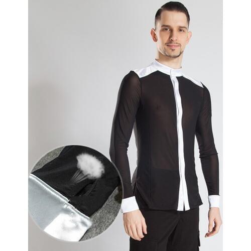 New Black Gauze Latin Dance Shirt For Men Dance Tops Long Sleeve Shirt Handsome Ropa Male Competition Latin Dance Clothes VDB439