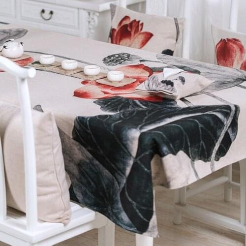 Modern Ink Lotus Table Cloth Thick Linen Customize Dining Tablecloth Coffee Restaurant Home Decorative Cloth Cover