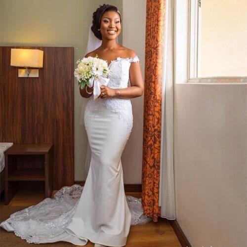 Off The Shoulder Sheer White Ivory Wedding Dresses Appliques Africa Women Vestido De Noiva Mermaid Style Bride Wedding Gowns