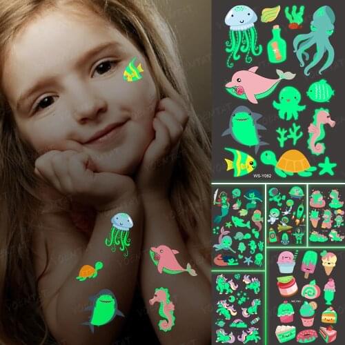 Luminous Glitter Tattoo Stickers Dolphin Jellyfish Children Temporary Waterproof Ocean Shark Tatto Body Art Cartoon Fake Tatoo
