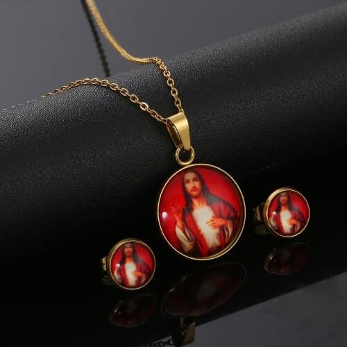 Trendy Cross Pendant Earrings Necklace Christian Religious Jesus Jewelry Set For Women Men