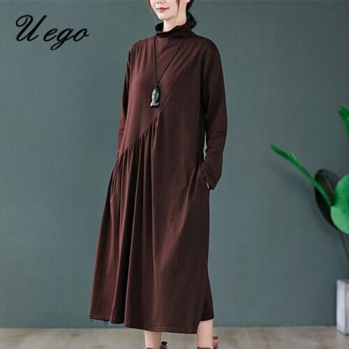 Uego Pure Cotton Knitted Autumn Winter Basic Dress Turtleneck Solid Color Loose Women Casual Dress Spring Lady Long Party Dress