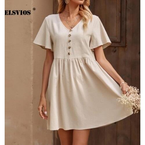 British Solid Color Front Button Dress Summer Casual Fashion Women V-Neck Flared Short Sleeve Loose Elegant Office Lady Clothing
